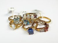 Lot 103 - A collection of seven 9ct gold stone set rings...