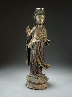 Lot 54 - A Chinese carved, painted and parcel gilt wood...