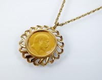 Lot 160 - A 1904 sovereign within 9ct gold pendant mount,...