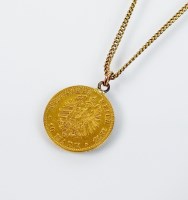 Lot 212 - An 1875 10 Mark coin, suspended on yellow...