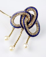 Lot 227 - A rose cut diamond, enamel and pearl triple...