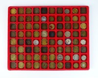 Lot 426 - Seven fitted trays of tokens, coins and...