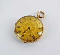 Lot 228 - A Lady's yellow metal open face fob watch, the...