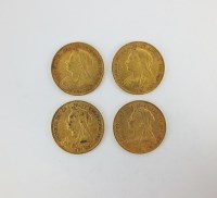 Lot 431 - Four Victoria Old head half sovereigns, dated...