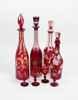 Lot 21 - Four Bohemian ruby flashed decanters and...