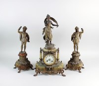 Lot 160 - A French spelter and onyx clock garniture,...