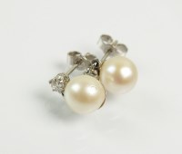 Lot 187 - A pair of cultured pearl and diamond earrings,...