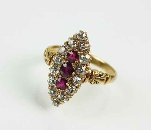 Lot 283 - A Victorian 18ct gold ruby and diamond navette...