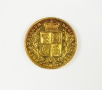 Lot 479 - Victoria, Young head, shield back sovereign,...