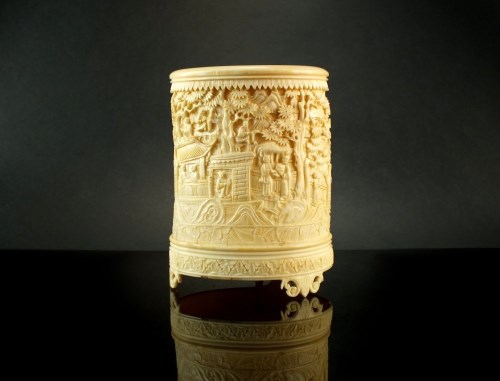 Lot 210 - A Chinese Canton carved ivory brush pot,...