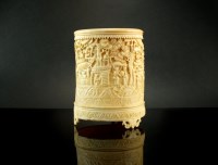 Lot 210 - A Chinese Canton carved ivory brush pot,...