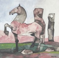 Lot 437 - Geoffrey Key (B.1941) Horse with gate post,...