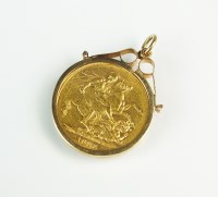 Lot 191 - A Victorian sovereign within 9ct gold pendant...