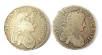 Lot 600 - Two Charles II silver crowns, one dated 1676,...
