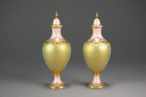 Lot 203 A Pair Of Coalport Jewelled Vases And Covers