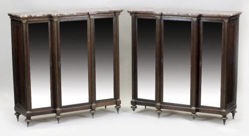 Lot 764 - A pair of marble topped rosewood side cabinets,...