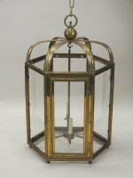 Lot 792 - A large brass framed hexagonal hall lantern,...