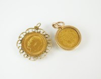 Lot 248 - Two half sovereign set pendants, one dated...