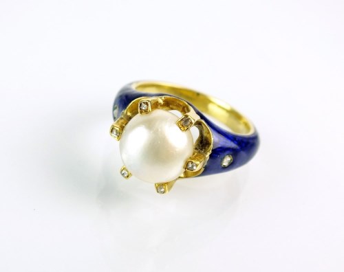 Lot 276 - A 19th century single pearl and blue enamel...