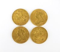 Lot 617 - Four Victoria old head sovereigns, dated 1893,...