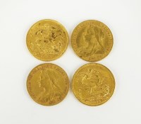 Lot 619 - Four Victoria old head sovereigns, dated 1899,...