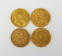 Lot 623 - Four Edward VII sovereigns, dated 1903, 1907,...