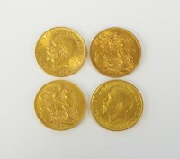 Lot 633 - Four George V sovereigns, dated 1912, 1913,...