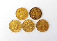 Lot 652 - Five half sovereigns, dated 1908, 1911 x 2 and...