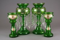 Lot 95 - A pair of green glass table lustres and...