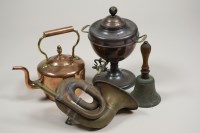 Lot 288 - A copper kettle, brass car horn, table bell,...