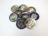 Lot 497 - A collection of enamel coins and brooches,...