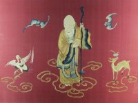 Lot 225 - A Chinese embroidered silk triptych of Fu, Lu...