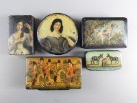 Lot 147 - A collection of five papier mache snuff boxes,...