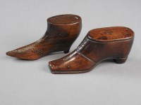 Lot 148 - Two pique work treen shoe snuff boxes, first...